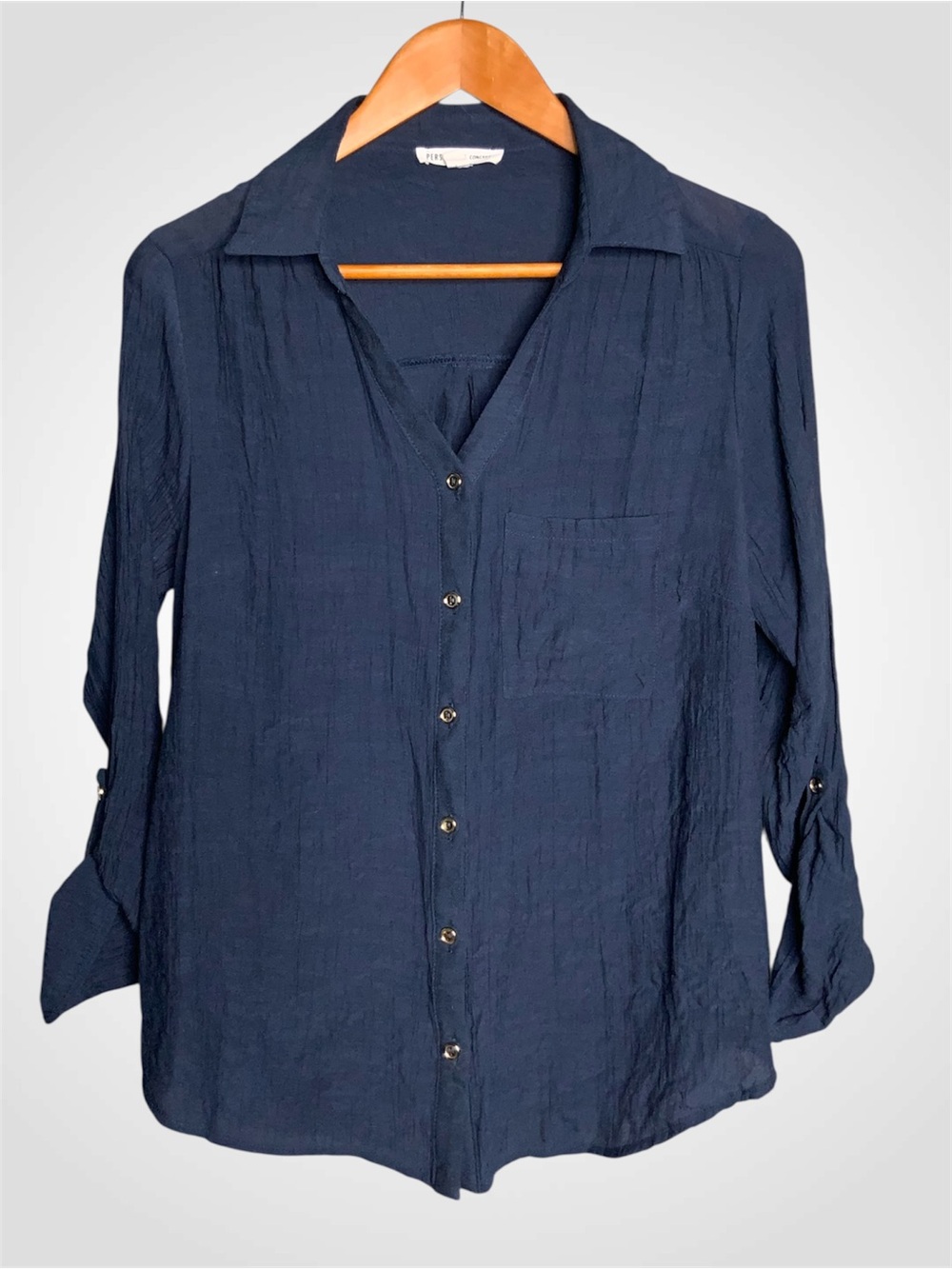 PerSeption Concept Navy Button-Down Women's Long Tab Sleeve Shirt Medium